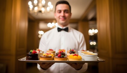 A smiling waiter in a bow tie presents a silver tray laden with an assortment of gourmet pastries and desserts