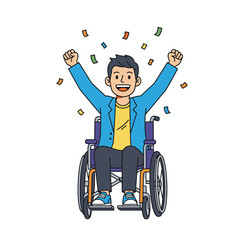 Overjoyed Man in Wheelchair Celebrates with Raised Arms Amidst Confetti Showers