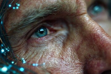 Elder man's blue eye integrating with glowing neural network wires