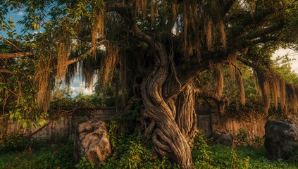 Fototapeta premium Vines with a shaggy texture climbing a tree, showcasing a natural growth pattern