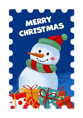 Vintage Christmas greetings stamp with snowman