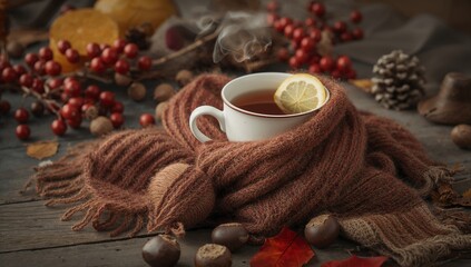 Vintage photo, Warm cup of tea with lemon and a woolen scarf, soothing drink for seasonal chill, autumn decor with rowan and chestnuts