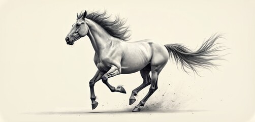 Naklejka premium Elegant horse illustration animal running fast with great power. Majestic equine gallops forward, mane, tail flowing freely. Kicks up dust on plain. Dynamic drawing freedom, speed, strength, untamed