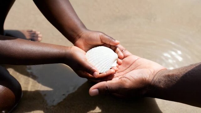 Close-up of a Black child giving a seashell to an adult's hand. Family bonding on a sunny beach. Love, care, and generosity concept