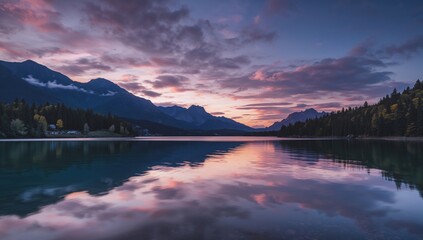 Mountain lake during sunset, showcasing twilight colors and reflective hues on water and sky