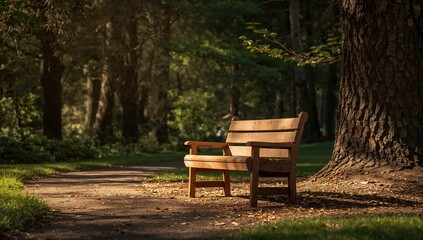 Fototapeta premium Wooden Bench Positioned Amidst Trees in a Park, Ideal for Relaxation