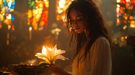 Enchanting moment in a mystical setting with a young woman holding a flower during golden hour ai, young, woman, flower, stained, glass, mystical, candles, warm, light, serene, contemplation, natural,