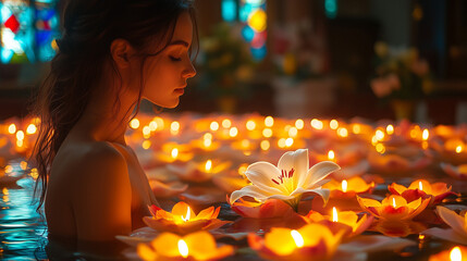 Woman surrounded by floating flowers and candles in serene water setting during evening time ai, woman, flowers, candles, water, lily, tranquility, evening, meditation, reflection, serenity, beauty, c
