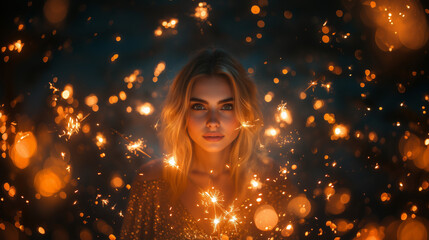 Woman surrounded by glowing sparks creating a magical atmosphere at night ai, woman, sparks, night, glow, beauty, atmosphere, magic, hair, expression, light, outdoor, mystical, gaze, golden, dark, cap