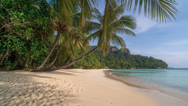 Tropical beach lined with palm trees, serene getaway, Earth Day