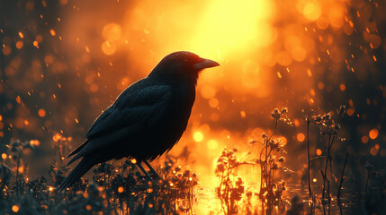 Silhouette of a bird amidst a glowing sunset and gentle rain in a tranquil landscape ai, bird, silhouette, sunset, rain, nature, tranquility, landscape, golden, light, flowers, profile, wildlife, sere