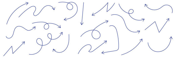 Hand drawn arrows icon set. Sketch curved arrows design. Arrow handmade. Doodle arrows of varios shapes and directions. Pointer and cursor icons.