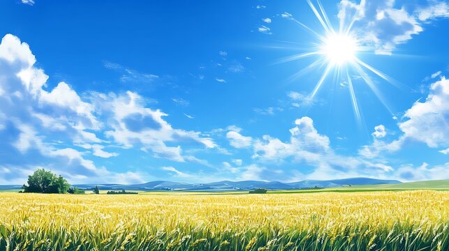 Golden wheat field glistens under the sun with a blue sky background