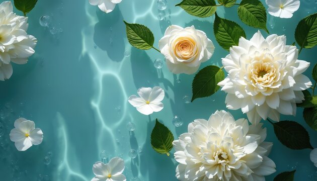 White roses and flower petals float on clear blue water. Bubbles and green leaves add detail to this serene spa scene. Pure freshness and natural beauty. - Powered by Adobe