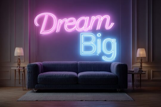 Neon sign displaying dream big above a sofa in a modern stylish living room