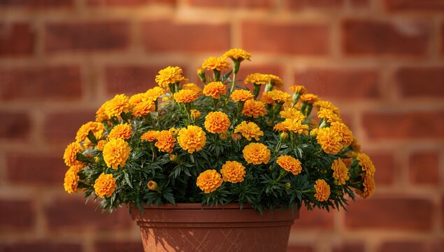 A Pot Containing Marigold Blooms Set Against A Red Brick Wall, Ideal For Text Layout