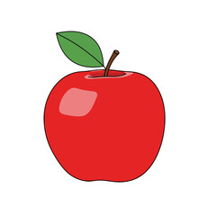 Vibrant Red Apple with Green Leaf and Brown Stem.