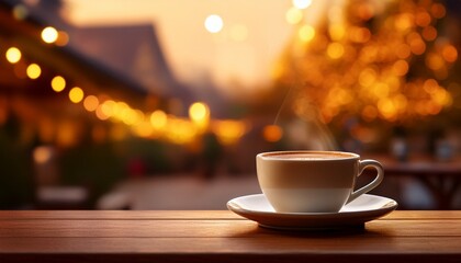 a warm and inviting coffee cup on a table with a shallow focus