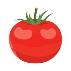 Vibrant red tomato with green stem and leaves, fresh and delicious.