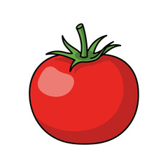 Vibrant Red Tomato with Green Stem and Leaves Illustration.