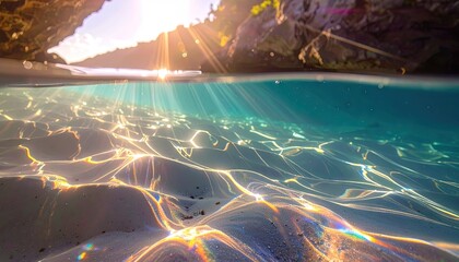 Crystal Clear Turquoise Water Shimmers With Golden Sunbeams On A Sandy Beach With Rocky Overhang And Lush Greenery In The Background