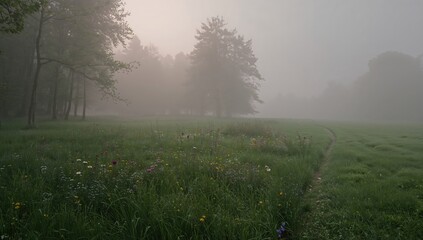 The misty meadow landscape within the forest, showcasing seasonal change