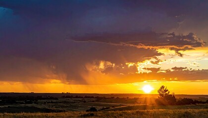 Dramatic Sunset Sky With Golden Sun Rays Shining Over A Grassy Field And Distant Horizon Under Stormy Clouds