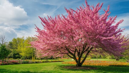 Blossoming pink tree in green space, seasonal beauty