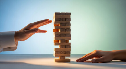The image shows a wooden block tower game with hands, representing strategic decision-making, risk, and potential collapse in business or life planning