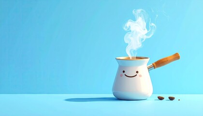 Cute smiling coffee pot brewing hot beverage with steam rising against a bright blue background with coffee beans scattered nearby