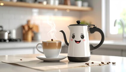 Cute Smiling White Coffee Pot with Steaming Coffee Cup on a Kitchen Countertop with Scattered Coffee Beans