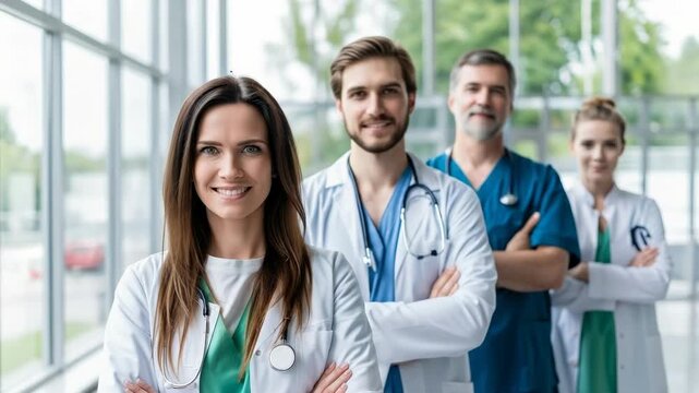 Group of healthcare professionals standing together in a modern hospital setting