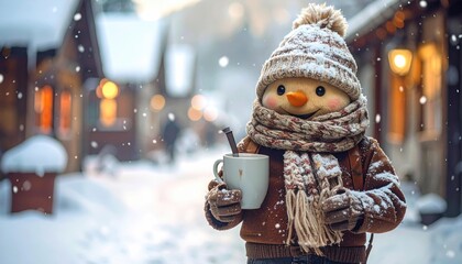 Cute Snowman Character Wearing Knitted Hat Scarf and Mittens Holding a Hot Drink in a Snowy Village Street with Bokeh Lights