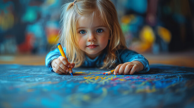 Young child engages in colorful chalk art on a large surface indoors during a creative session ai, child, art, chalk, drawing, creativity, indoor, colorful, expression, playful, imagination, young, gi - Powered by Adobe