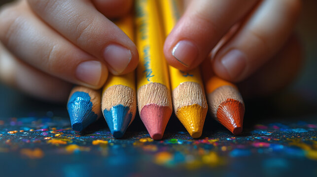 Creative hands arranging colored pencils on a table with vibrant glitter ai, colored, pencils, art, supplies, crafting, hands, creativity, colors, glitter, arrangement, tabletop, stationery, expressio