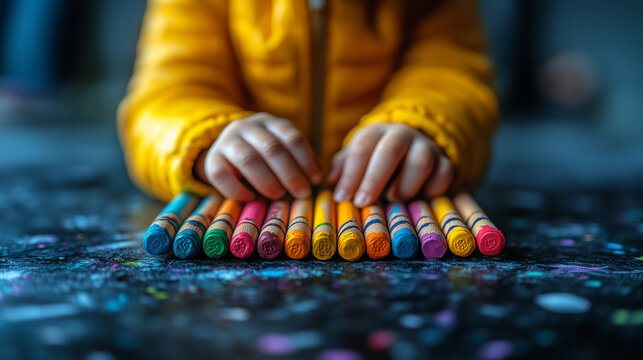 Child arranging colorful crayons on a table during a creative activity indoors in autumn ai, child, crayons, creativity, bright, colors, indoor, activity, autumn, focused, arrangement, playful, crafti