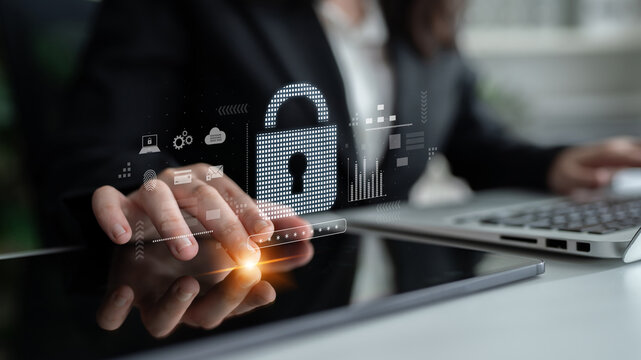 Cybersecurity protection system showing password encryption, fingerprint ID, cloud security, email, credit card, and database lock for secure data access Latch