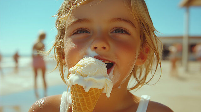 Child enjoying a delicious ice cream cone by the beach on a sunny day in summer ai, child, ice, cream, beach, summer, happiness, sunlight, ocean, waves, play, joy, treat, warm, fun, dessert, cone, fam - Powered by Adobe