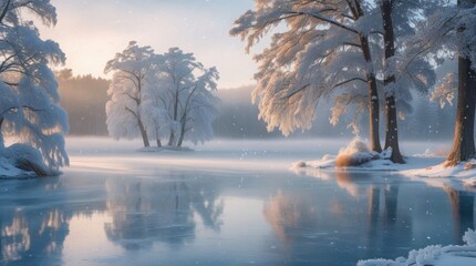 Frozen lake mirrors snow-laden trees with delicate flakes gently drifting down, surrounded by a serene landscape of frosty mornings, as the soft winter light casts a warm glow, inspiring cozy, 