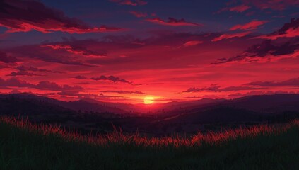 Fototapeta premium Scarlet sunset over mountain scenery in anime style, showcasing a digital painting of dawn and dusk with clouds and hills, romantic visual backdrop
