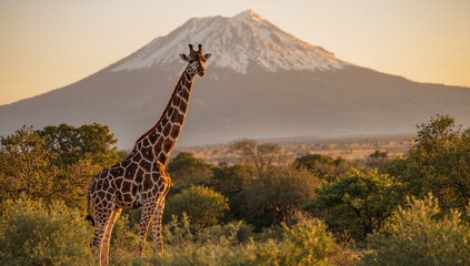 Fototapeta premium Masai Giraffe standing with Mount Kilimanjaro looming behind, showcasing the beauty of wildlife and landscape