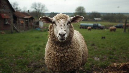 Fototapeta premium A Soiled Sheep Grazing On A Farm, Observing Animal Hygiene Risks
