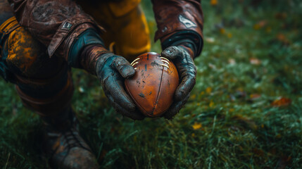 Football player holds a weathered ball in muddy gear on a rainy field during an autumn practice session ai, football, player, ball, muddy, field, autumn, practice, rainy, gear, gloves, dirt, dedicatio