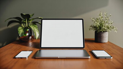 Modern digital devices on wooden desk with blank screens
