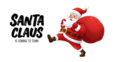 Cheerful santa claus with a large red sack of gifts walking on a black background with festive stars
