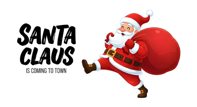 Cheerful santa claus with a large red sack of gifts walking on a black background with festive stars