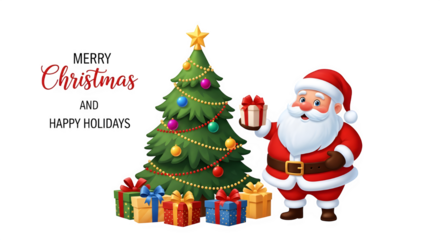 Joyful santa claus holding a gift box standing next to a decorated christmas tree with presents underneath