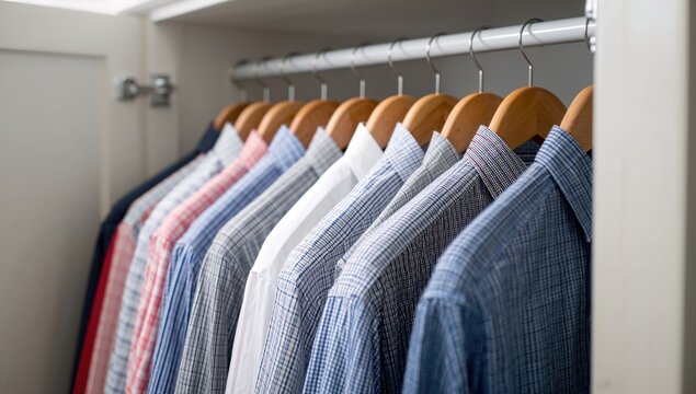 Men's shirts neatly hung on hangers, organizational efficiency