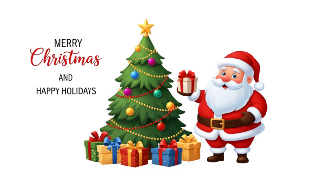 Joyful santa claus holding a gift box standing next to a decorated christmas tree with presents underneath