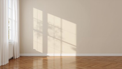 Fototapeta premium A bright room with sunlight and window shadows on a beige wall, showcasing the serene interplay of light and texture